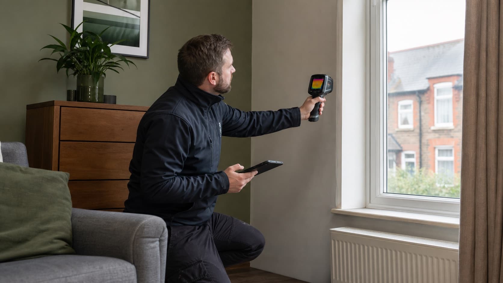 A housing surveyor checking a window and external wall with a thermal camera