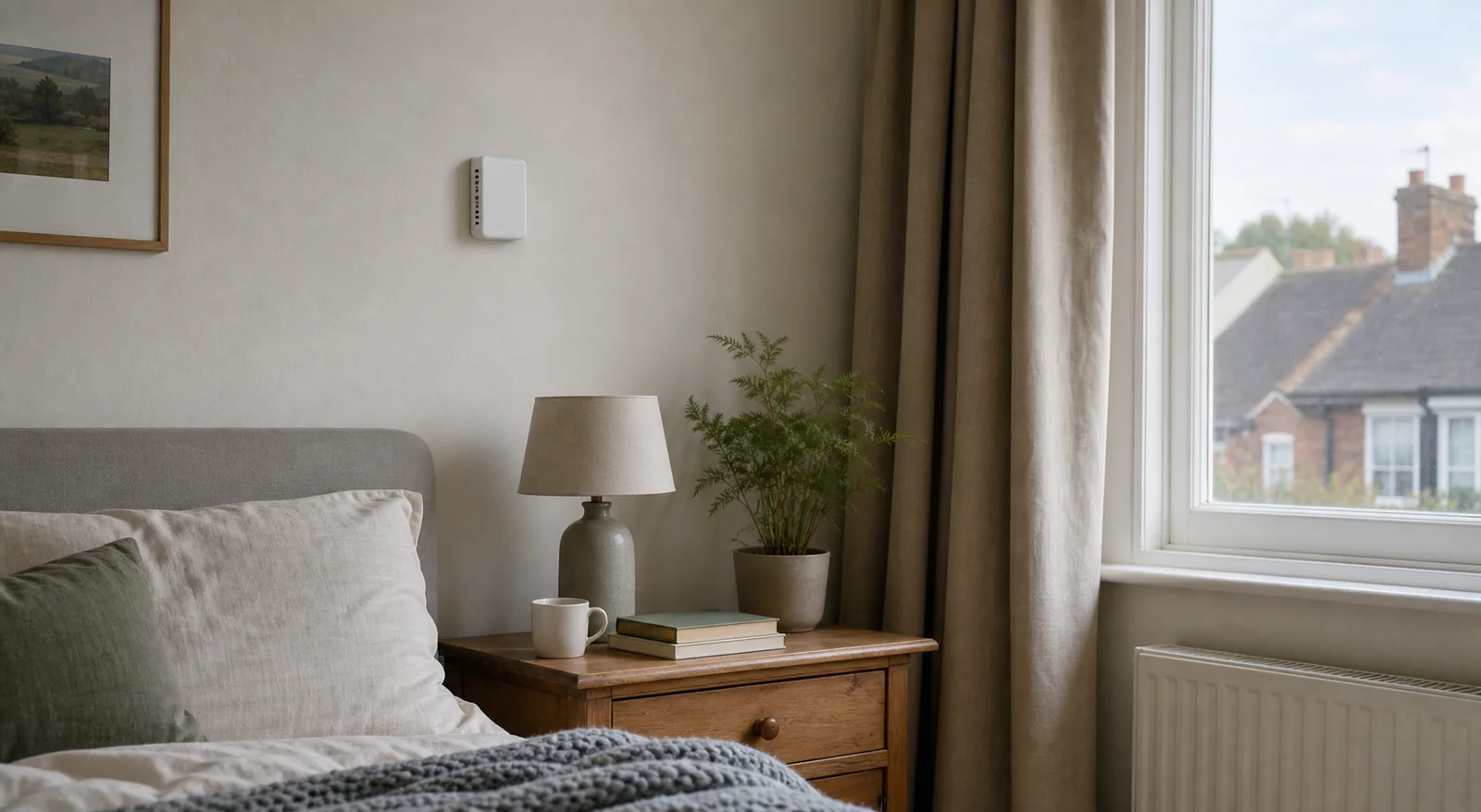 Illustrative unbranded environmental sensor in a calm residential bedroom.