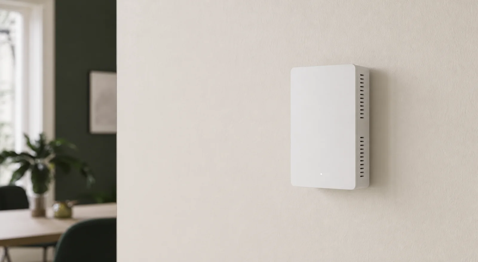 Illustrative unbranded environmental sensor mounted discreetly in a home.