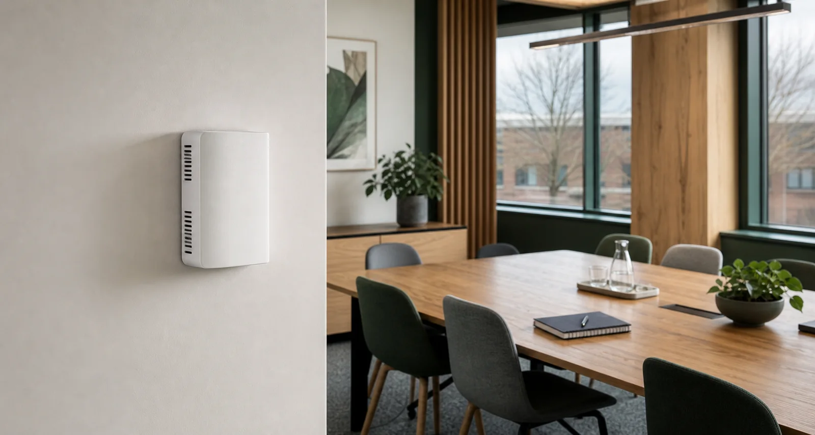 Illustrative unbranded environmental sensor installed in a workplace meeting room.