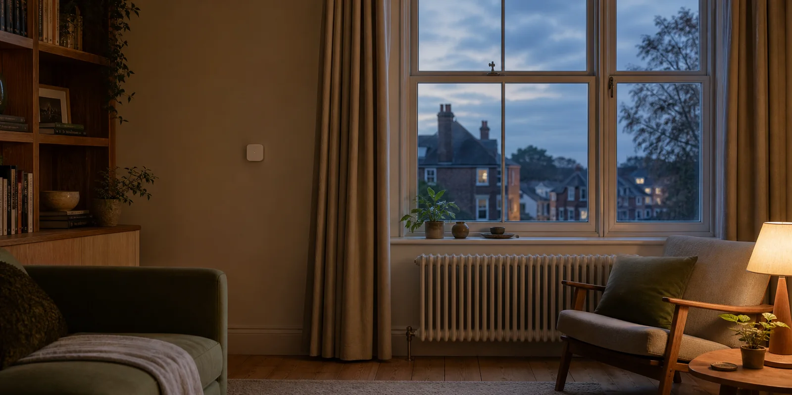 Illustrative living room showing indoor heating and outdoor temperature context.